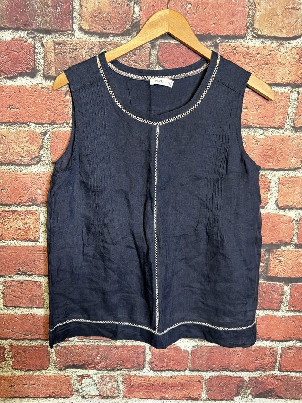 Vince Womens Medium Blue Embroidered Top Pleated Sheer Sleeveless Minimalist